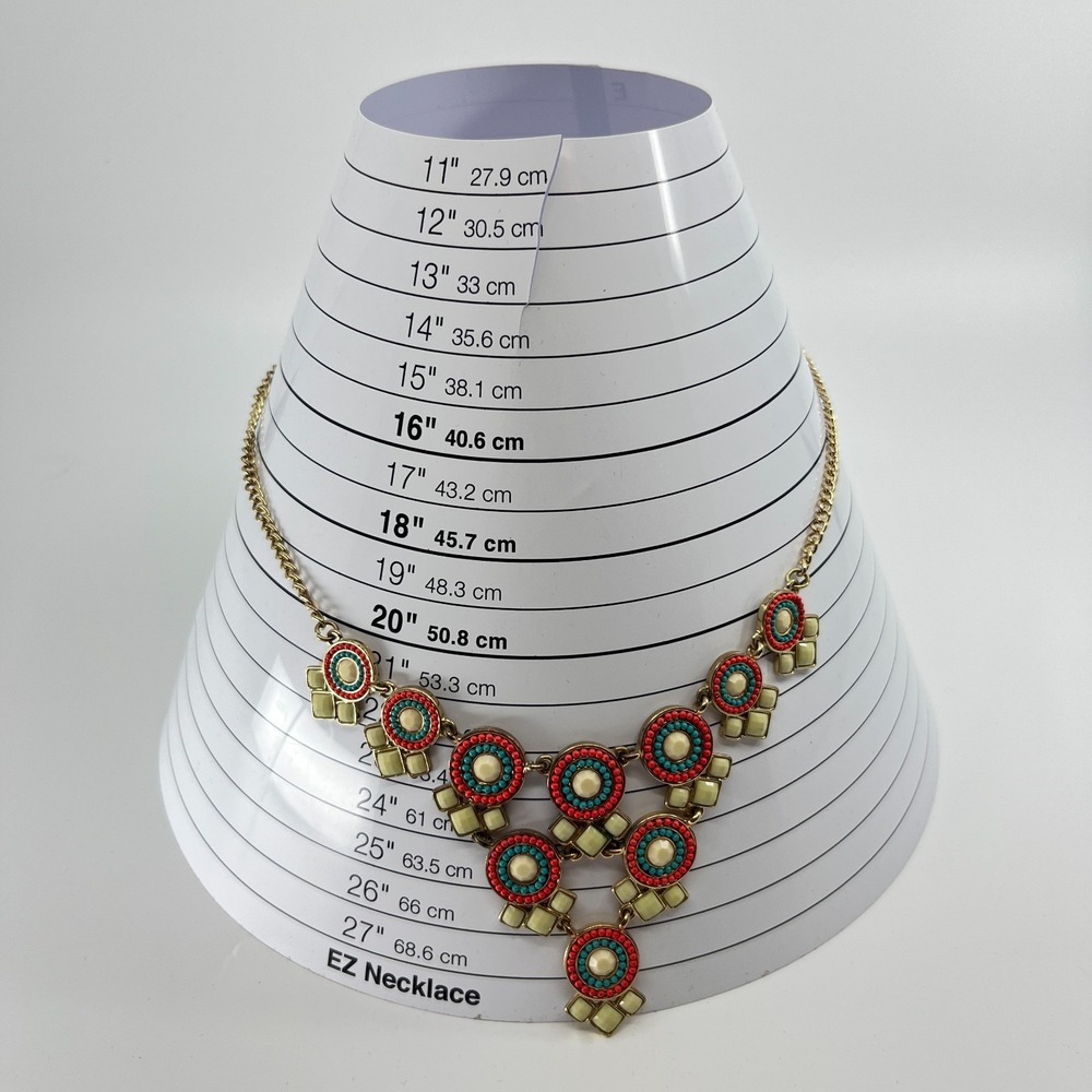 Vintage 80s Boho Geometric Statement Necklace Red Turquoise Color Gold Tone Bib - Picture 13 of 13